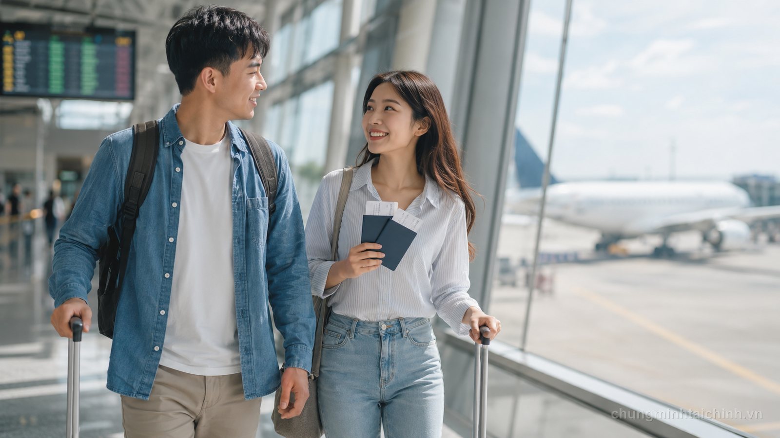 Cặp đôi cầm hộ chiếu và vé máy bay tại sân bay sau khi hoàn tất chứng minh tài chính du lịch